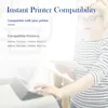 A woman is using a tablet in front of a printer, with text overlay about printer compatibility. Produktbild-Vorschau
