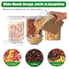A collage of images showing clear plastic food storage containers filled with various food items, along with smaller circular images showcasing different food types like sweets, coffee beans, and spices. Produktbild-Vorschau
