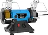 A blue and black bench grinder with two grinding wheels and protective shields, shown on a white background. Anteprima dell’immagine prodotto