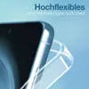 Close-up of a transparent phone case being fitted onto a smartphone. Produktbild-Vorschau