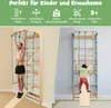 A split image showing a wooden climbing wall with a man on the left and a child on the right. Produktbild-Vorschau