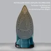 Close-up of the sole of a teal steam iron with gold accents and text describing its features. Produktbild-Vorschau