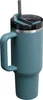 A teal colored tumbler with a handle and a straw. Produktbild-Vorschau