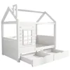 A white wooden house-shaped bed frame with two drawers underneath, shown against a white background. Voir les images du produit