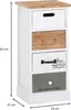 A tall, narrow chest of drawers with four drawers of varying styles and colors, standing on a white base. Dimensions are indicated by measurement lines and text. Produktbild-Vorschau