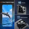 Collage showing a smartphone screen with a dolphin jumping out of the water, a close-up of a phone camera lens protector, and a diagram illustrating integral protection for a phone camera. Produktbild-Vorschau