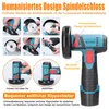 A collage of images showing the features and operation of a mini angle grinder, with a main image of the product itself. Produktbild-Vorschau