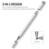 A white stylus pen with silver accents, shown disassembled and with a close-up inset demonstrating its tilt feature. Produktbild-Vorschau