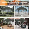 Collage of images showing a gray pop-up canopy tent used in various outdoor and semi-outdoor settings, including camping, a beach party, a backyard deck, and a street market. Produktbild-Vorschau