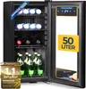 An open beverage cooler with bottles and cans inside, showcasing a digital display and capacity label. Produktbild-Vorschau