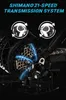 Close-up of an e-bike's rear derailleur and cassette, with glowing blue lines highlighting the gears and two circular insets showing gear shifters. Produktbild-Vorschau