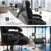 A split image showing a black office chair with features highlighted by text and graphics. Náhled obrázku produktu
