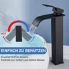 A black waterfall faucet is shown in a bathroom sink, with graphics indicating hot and cold water flow. Produktbild-Vorschau