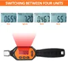 A digital torque wrench with a red laser beam pointing towards its head, shown alongside four digital displays illustrating different measurement units. Náhled obrázku produktu
