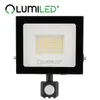 A black and white LED floodlight with a motion sensor attached to the bottom, shown against a white background. Produktbild-Vorschau
