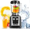 A VEVOR commercial blender is shown with fruit inside the pitcher, surrounded by splashes of orange juice and water, and ice cubes. A smoothie is also visible in a glass. Náhled obrázku produktu