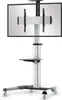 A silver and black TV stand with wheels is shown against a white background. Produktbild-Vorschau