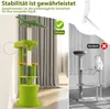 A split image showing a green cat tree on the left and a gray cat tree with a cat on the right, with text overlays. Náhled obrázku produktu