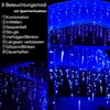 Blue icicle lights are displayed in a dark setting, with text listing different lighting modes. Produktbild-Vorschau