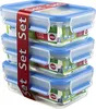 A stack of three clear glass food storage containers with blue lids, bound together by a red ribbon. Náhľad obrázku produktu