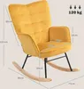 A yellow corduroy rocking chair with dimensions indicated by measurement lines and text. Náhled obrázku produktu