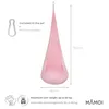 A pink hanging chair with dimensions and included accessories shown. Produktbild-Vorschau