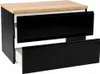 A black hanging bathroom cabinet with a wooden top and two drawers, one partially open. Anteprima dell’immagine prodotto