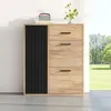 A shoe cabinet with a black ribbed door and three wooden drawers, placed against a white wall with a window showing a green outdoor scene. Produktbild-Vorschau