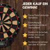 A dartboard and promotional text on a wooden background. Produktbild-Vorschau