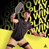 A man playing pickleball with text overlays. Produktbild-Vorschau