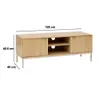 A light wood-effect TV stand with fluted doors and open shelving, shown with dimensions indicated. Produktbild-Vorschau