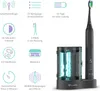 A black electric toothbrush and its charging/UV sanitizing base are displayed against a white background, surrounded by icons and text detailing its features. Produktbild-Vorschau