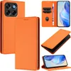 A collage of images showing an orange leather phone case for a ZTE Blade V70 Vita, with various angles and views, including card slots and a stand function. Produktbild-Vorschau