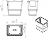 Technical drawings and a 3D perspective view of a storage container. Produktbild-Vorschau