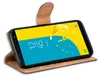 A smartphone in a brown flip case, displayed at an angle. Produktbild-Vorschau
