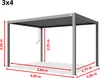 A 3D rendering of a gray aluminum pergola with a slatted steel roof, showing dimensions. Anteprima dell’immagine prodotto