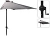 A half-round patio umbrella with a gray canopy and a black pole, shown against a white background. Inset images show a close-up of the crank mechanism and a smaller view of the umbrella. Anteprima dell’immagine prodotto
