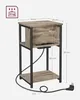 A diagram showing the dimensions of a side table with integrated power outlets. Produktbild-Vorschau