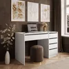A modern white desk with drawers, a laptop, a lamp, and a stool in a room with brown walls and curtains.