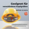 A yellow construction helmet with internal adjustment features and text overlays. Produktbild-Vorschau