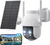A solar-powered outdoor security camera with a smartphone displaying its feed. Náhled obrázku produktu