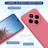 A pink phone case is shown next to a phone screen displaying a nature scene. Text overlays highlight features. Produktbild-Vorschau