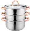 A three-tiered stainless steel steamer pot with rose gold handles and lid knob, set against a white background. Voir les images du produit
