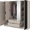 An open wardrobe with clothes hanging inside and shelves with items. Produktbild-Vorschau