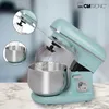 A mint green Clatronic stand mixer is shown on a marble countertop, with close-up insets highlighting the whisk attachment and mixing bowl. Náhled obrázku produktu