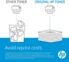 Comparison of 'Other Toner' versus 'Original HP Toner' showing printouts going into a trash bin versus a stack of perfect printouts, with text promoting 'Avoid reprint costs'. Voir les images du produit