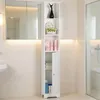 A tall, narrow white cabinet in a bathroom. Produktbild-Vorschau