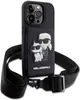 A black iPhone case with a Karl Lagerfeld and Choupette graphic and a crossbody strap. Produktbild-Vorschau