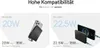Two sections showing a power bank charging a smartphone, with text highlighting charging speeds. Produktbild-Vorschau