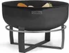 A black metal fire pit with wood inside, shown on a white background. Produktbild-Vorschau
